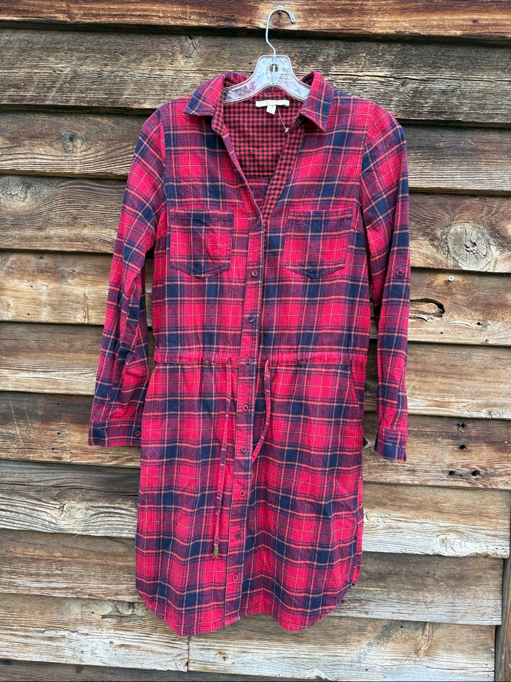 Skies are blue button down plaid dress with rollable sleeves